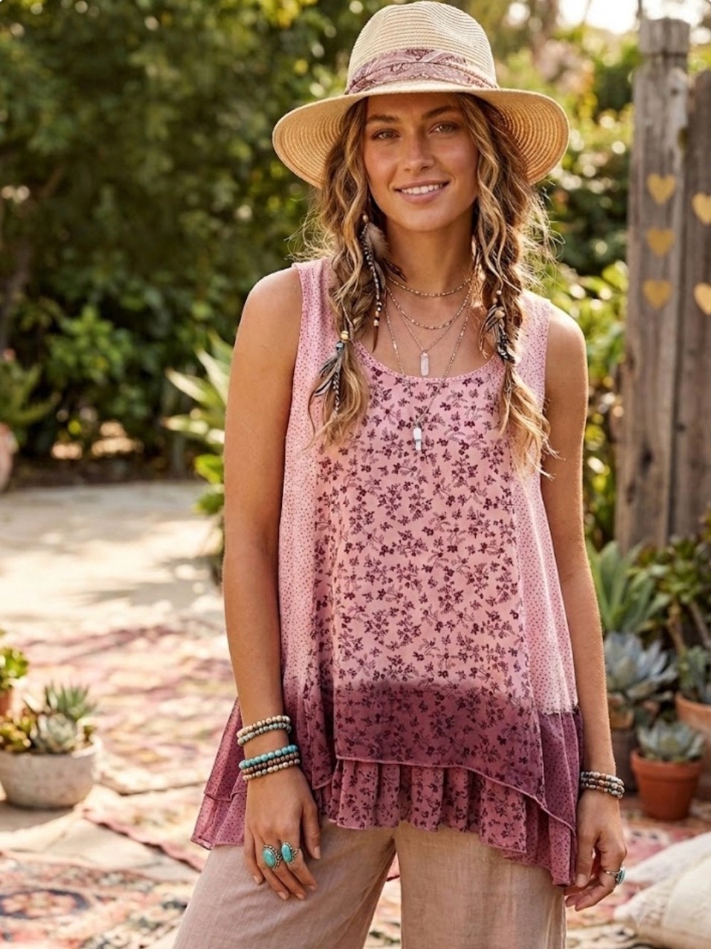 Papa Vancouver Boho Pink Floral Tiered Tank Top